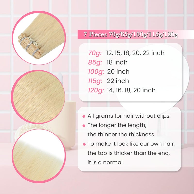 Aison Platinum Blonde Clip in Hair Extensions 70G 100% Remy Real Human Hair Soft Silky Straight 7pcs 16clips One Pack (20 Inch #60) - Image 5